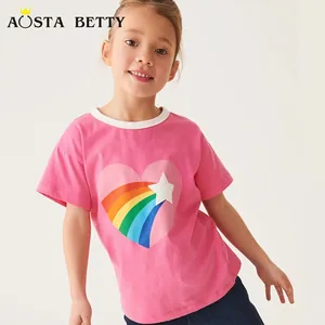 Girls Cotton Short Sleeve T-Shirt Pink Round Neck Kids Rainbow Heart Print Casual Summer Top Breathable Daily Clothing