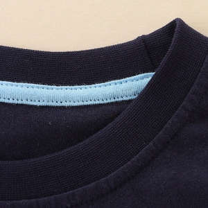 Boys dark blue cotton t-shirt with ribbed crew neck and durable light blue reinforced seams