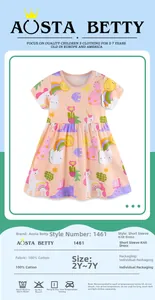 Infografik zeigt Mädchen-Baumwollkleid mit Regenbogen- und Einhorn-Mustern für 2-7 Jahre