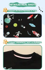 Detailed view of kids space theme t-shirt featuring cosmic prints and a soft crew neckline