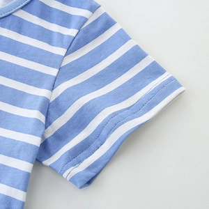 Girl's blue white striped cotton dress with short sleeves and fine stitching details