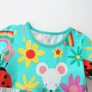 Short sleeve mint green cotton dress for girls featuring cute cartoon animal prints