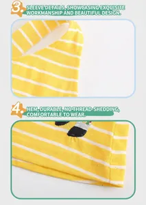 Detailed view of yellow striped knit dress sleeves and durable embroidered hemline stitching