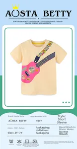 Close-up of girls' cotton T-shirt featuring a colorful guitar print and peace slogan