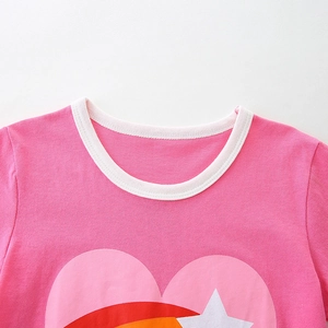Rose pink cotton t-shirt for girls featuring heart rainbow print and white ribbed collar