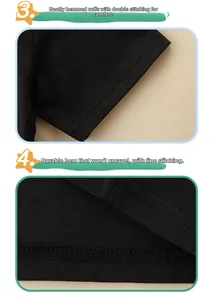 Detail view of double-stitched sleeve cuffs and hem on a black cotton boy's T-shirt