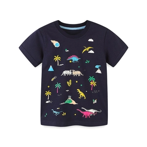 Dark blue cotton t-shirt for boys featuring colorful cartoon dinosaur and volcano prints
