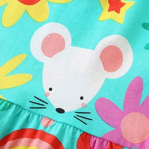 Blue cotton kids dress featuring cartoon mouse print and colorful rainbow stripes detail