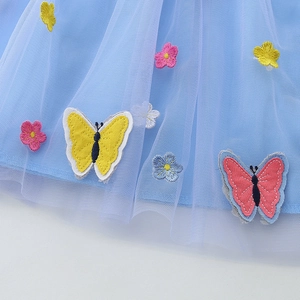 Blue mesh girls dress with colorful butterfly and flower embroidery for a summer princess look