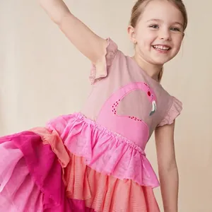 Kleinkind Mädchen Sommerkleid Rosa Flamingo Druck Kurzarm Farbverlauf Tüll Tortenrock Mehrlagiges Mesh Prinzessin Partykleid Lässig