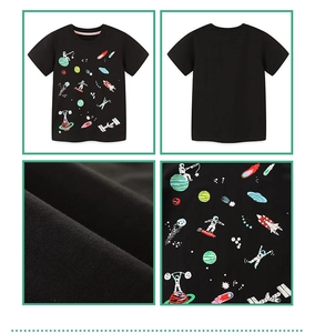 Detail of boys black cotton T-shirt featuring creative colorful space astronaut prints