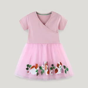 Toddler Girls Summer Princess Dress Cotton Mesh Patchwork Hamster Embroidery V-Neck Short Sleeve Party Tutu Dress For Kids