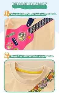 Detail of pink guitar print and soft cotton round neck on a yellow kids' T-shirt