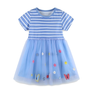 Striped girls' princess dress with floral butterfly embroidery and tulle skirt