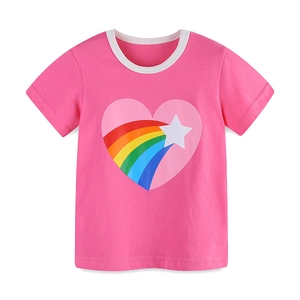 Rose red girls cotton T-shirt featuring rainbow heart print and white piped crew neck