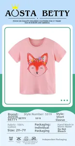 Detailed view of pink cotton t-shirt for girls featuring a cute fox print and fabric info
