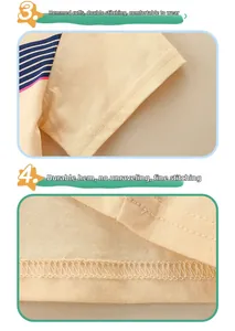 Detail of yellow cotton girl T-shirt showing double-stitched hem and striped cuffs