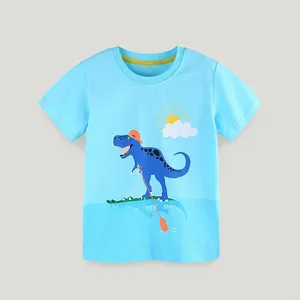 T-Shirt à Manches Courtes en Coton d'été pour Garçons Imprimé Dinosaure de Dessin Animé Haut à Col Rond Décontracté