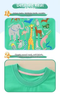 Detailansicht eines grünen Kinder-T-Shirts mit Tiermotiven und geripptem Rundhalsausschnitt