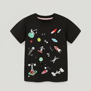 Boys Cotton Short Sleeve T-Shirt Astronaut Space Cartoon Print Casual Crewneck Summer Top For Kids Fashion Streetwear