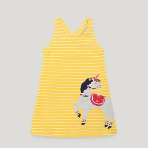 Girls Cotton Striped Sleeveless Dress Cartoon Horse Patchwork Soft Knitted Summer Casual Princess Sundress 2-7Y