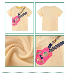 Close-up detail of guitar print and cotton knit fabric on girls summer T-shirt