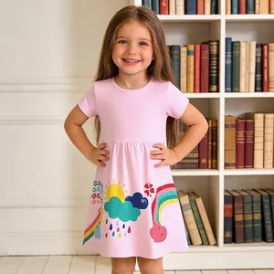 Girls Summer Cotton Short Sleeve Dress Cartoon Rainbow Print Princess Dress For Toddler Kids Western Fashion Pink Dress