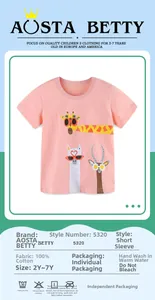 Detail of pink cotton girl's T-shirt showing cartoon giraffe print and 100% cotton label