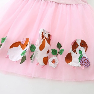 Pink tulle princess dress for girls featuring delicate cartoon animal embroidery
