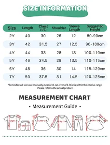 Detailed size chart for girls summer outfit set including measurements for ages 2 to 7 years