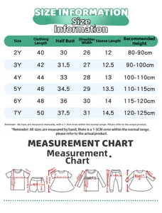 Detailed size chart for girls summer outfit set including measurements for ages 2 to 7 years