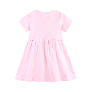 Pink short sleeve cotton dress for girls with high waist and A-line pleated skirt design