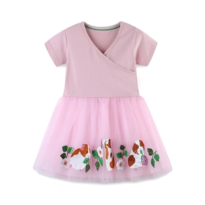 Pink V-neck short sleeve dress for girls with multi-layer tutu skirt and animal embroidery