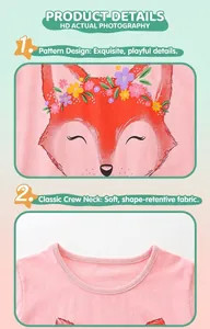 Close-up of pink cotton T-shirt featuring a cartoon fox print and round neckline detail