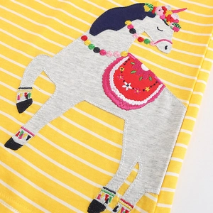 Striped girls cotton dress featuring a colorful horse applique and floral embroidery