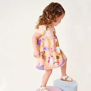 Mädchen Baumwolle Kurzarm Cartoon Bedrucktes Kleid Regenbogen Einhorn Sommer Prinzessin Party Outfit Lässige Kleidung