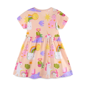 Rosa kurzärmeliges Baumwollkleid für Mädchen mit Einhorn- und Regenbogen-Cartoon-Print
