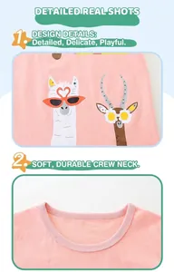 Detail of pink cotton girl shirt showing cute alpaca print and durable crew neckline
