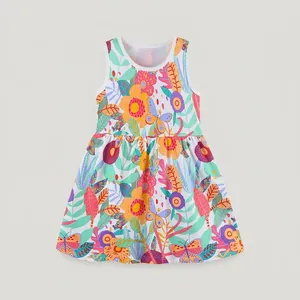 Mädchen Sommer Ärmelloses Baumwollkleid Bunter Blumen Schmetterling Druck Prinzessin A-Linie Freizeitkleid Für Kleinkinder