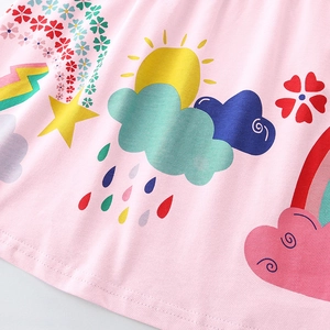 Pink girls princess dress with colorful cartoon sun and rainbow prints in soft knit fabric