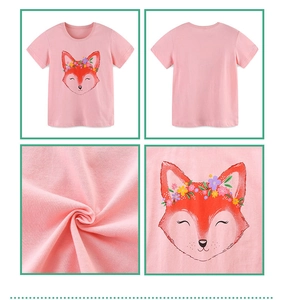 Detailed views of girls' pink cotton t-shirt with cute fox print and round neck collar