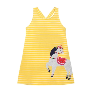 Girls' yellow and white striped A-line sundress with a colorful unicorn embroidery patch