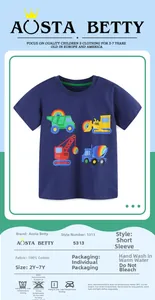 Detail of 100% cotton navy blue boy T-shirt with colorful cartoon construction vehicles
