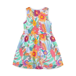 Ärmelloses Mädchenkleid aus weißer Baumwolle mit bunten Blumen- und Schmetterlingsdrucken
