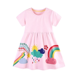 Pink short sleeve girl's dress with colorful rainbow and cartoon print on soft cotton fabric