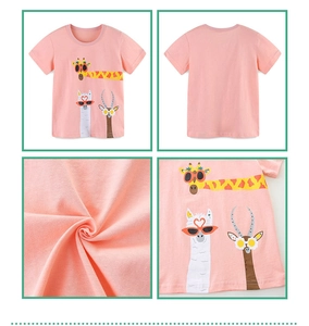 Detailed views of girls' pink cotton t-shirt with cute cartoon animals wearing sunglasses