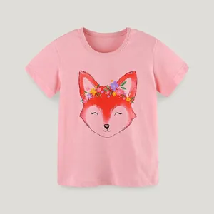 Girls Cotton Short Sleeve T-Shirt Cute Cartoon Fox Floral Print Round Neck Summer Casual Graphic Tee Top For Kids