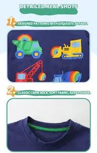 Close-up of boys t-shirt neckline with green trim and colorful construction truck prints