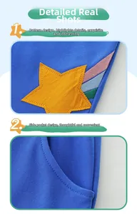 Detail of knit cotton boys shorts showing yellow star patch, rainbow embroidery, and side pocket
