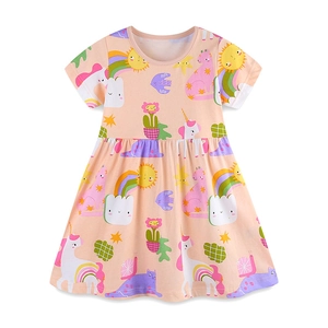 Rosa kurzärmeliges Mädchenkleid mit Einhorn- und Cartoon-Prints für den Sommerkomfort